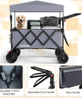 Side view of 3 In 1 Collapsible Foldable Wagon With 300 Lbs Capacity And 150 L Heavy Duty Utility Cart Removable Canopy All Terrain Beach Wheels And Drink Holders Gray No Sweat Outdoor Hauling showing a dog sitting inside with gear.