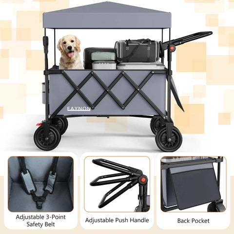 Side view of 3 In 1 Collapsible Foldable Wagon With 300 Lbs Capacity And 150 L Heavy Duty Utility Cart Removable Canopy All Terrain Beach Wheels And Drink Holders Gray No Sweat Outdoor Hauling showing a dog sitting inside with gear.