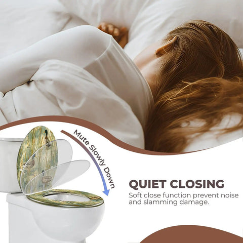 Round Quiet Close Replacement Toilet Seat with soft close feature shown next to person resting, highlighting comfortable design.