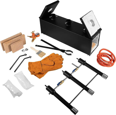 Triple Burner Propane Forge for Blacksmithing and Knife Making, 2700℉ Heavy-Duty Square Forge with accessories displayed