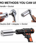 All In One 7mm To 19mm Ratchet Universal Socket Set For Drill And Power Driver, Metric Wrench Adapter With 105 Degree Right Angle Extension in use with hand tool and drill methods