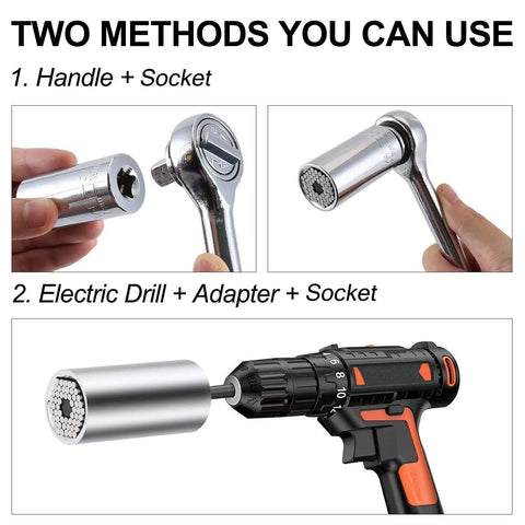 All In One 7mm To 19mm Ratchet Universal Socket Set For Drill And Power Driver, Metric Wrench Adapter With 105 Degree Right Angle Extension in use with hand tool and drill methods