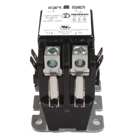 2 Pole 40 Amp 240V Definite Purpose AC Contactor with Coil, front view, showing terminal connections and label details.
