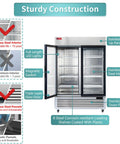 Rock Solid 54 Inch Wide Commercial Display Freezer Featuring Double Glass Doors And Anti Fingerprint Stainless Steel Build Straight Up For Boutiques Stores And Restaurant Bars with sturdy construction features.