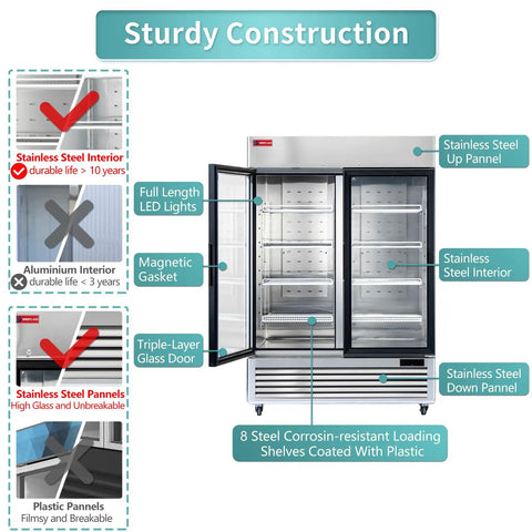 Rock Solid 54 Inch Wide Commercial Display Freezer Featuring Double Glass Doors And Anti Fingerprint Stainless Steel Build Straight Up For Boutiques Stores And Restaurant Bars with sturdy construction features.