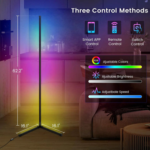 2 Pack Smart RGB Corner Floor Lamp 62.2 Inch Tall With App And Remote, Music Sync And Timer in a modern living room