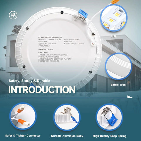 Six Inch Slim LED Recessed Ceiling Light With Junction Box Dimmable Downlight With Baffle Trim 5000K Daylight 15W 1200LM ETL