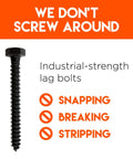 Front view of a black steel lag bolt; industrial-strength mounting hardware