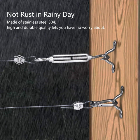 Heavy Duty Outdoor String Light Hanging Kit With 100Ft Black Vinyl Coated Stainless Steel Cable, Turnbuckles, Hooks in rain