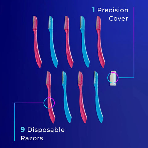 Hydro Silk Touch Up Dermaplane Razor with Precision Cover for face and brows, 9ct dermaplaning tool set with colorful handles.