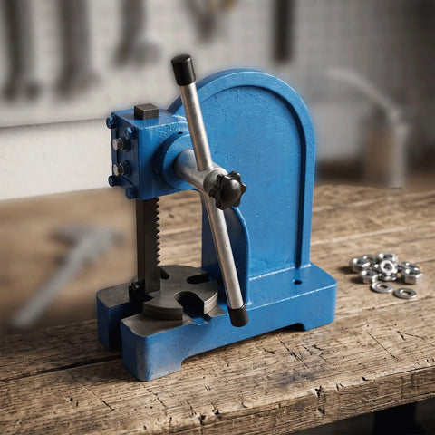 Rock Solid Heavy Duty Manual Arbor Press With Cast Iron Frame And Steel Ram For Precision Punching Inserting And Bushing Half To Two Ton Shop Beast Built Tough For Daily Garage Hustle on wooden bench.