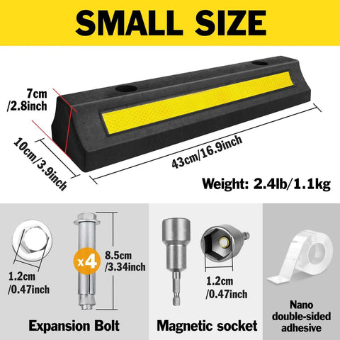 2 Pack Garage Parking Stopper For Garage And Driveway, 16.9 Inch Wheel Stop Bumper With Reflective Yellow Strip, Dope Durable Rubber Car Parking Aid To Protect Walls And Vehicle, Easy Install With Screws.