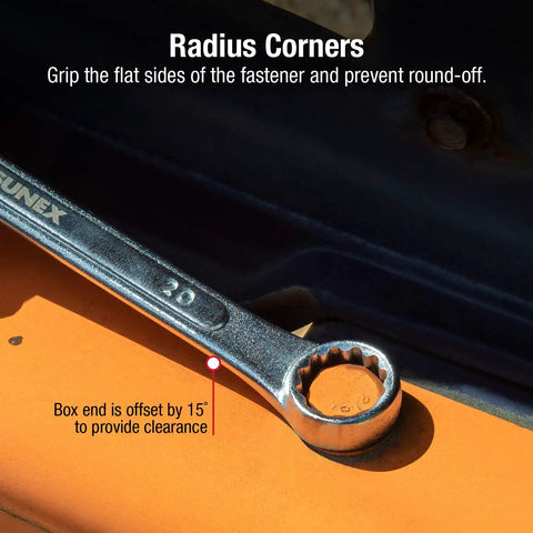Raised Panel Metric Wrench Set 5 Piece Built With CRMO Alloy Steel Includes Canvas Pouch Heavy Duty Wrenches For Automotive And DIY Repairs 20mm To 24mm in use on fastener, 20mm size shown