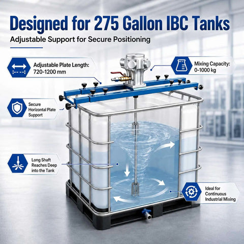Industrial Pneumatic Paint Mixer For IBC Totes, 304 Stainless Steel Agitator, Pro Grade Heavy Duty Stirrer For Paint Resin Ink And Chemicals, Emulsion Mixing For 265 Gallon Capacity Tanks, Efficient Convection And Shear Action, shown on 275-gallon IBC tote