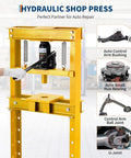 Heavy Duty 12 Ton Hydraulic Shop Press With Sturdy H Frame for Precision Axle Straightening showcasing hydraulic jack and tools.