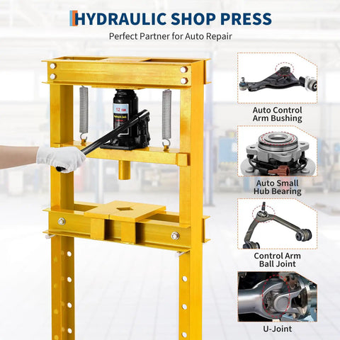 Heavy Duty 12 Ton Hydraulic Shop Press With Sturdy H Frame for Precision Axle Straightening showcasing hydraulic jack and tools.