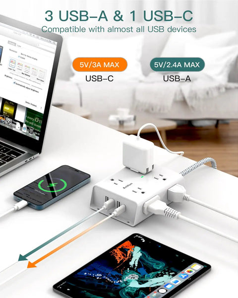 10 Foot Surge Protector Power Strip With 8 AC Outlets And 4 USB Ports Including USB C Three Side Outlet Extender powering devices