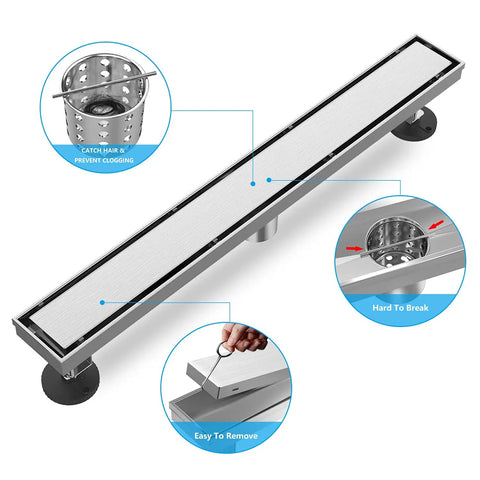 Tile Inset Linear Shower Drain 36 Inch 2 In 1 Brushed Nickel 304 Stainless Steel Floor Drain With Tile Insert Grate. Features highlighted in circles.