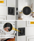 Interior and exterior views of Matte Black Pocket Door Lock Set, No Key Needed Privacy Latch For Bedroom And Bathroom.
