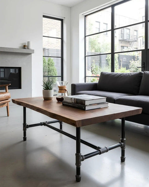 Modern living room with table using 10 Pack 1 Inch By 2 Inch Black Malleable Iron Pipe Nipples With Both Ends Threaded DIY Steampunk Industrial.