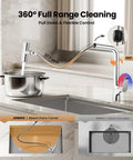 JOMOO Waterfall Pull Down Kitchen Faucet demonstrating 360° swivel and pull-down sprayer over stainless steel pot.