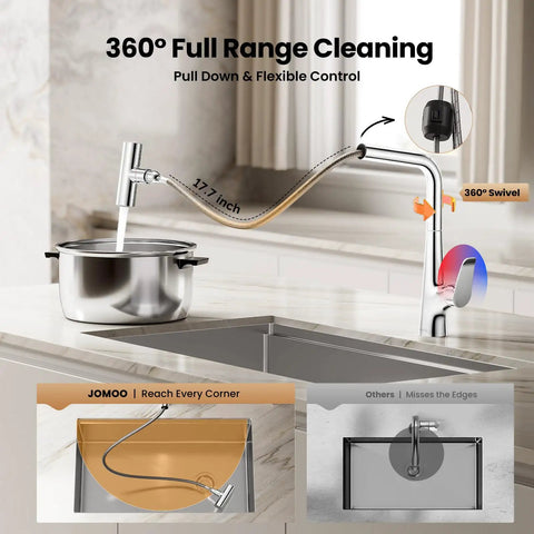 JOMOO Waterfall Pull Down Kitchen Faucet demonstrating 360° swivel and pull-down sprayer over stainless steel pot.