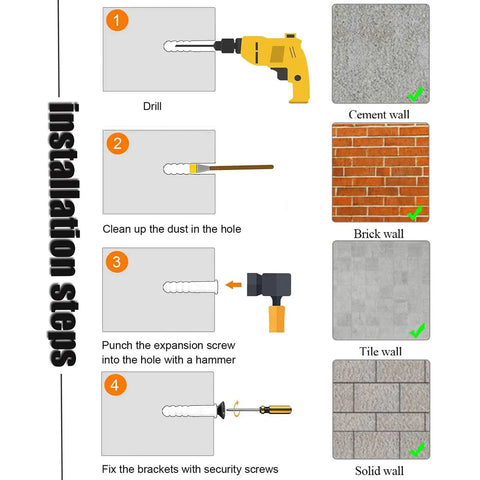 Installation steps for Built Like A Tank Heavy Duty L Shaped Shelf Brackets 2 Pack on cement, brick, tile, and solid walls.