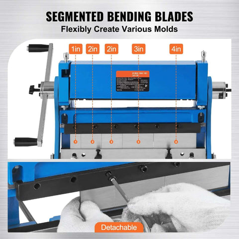 12 Inch 3 In 1 Sheet Metal Brake Shear Roll Machine With 20 Gauge Capacity And 90 Degree Bend showcasing segmented bending blades