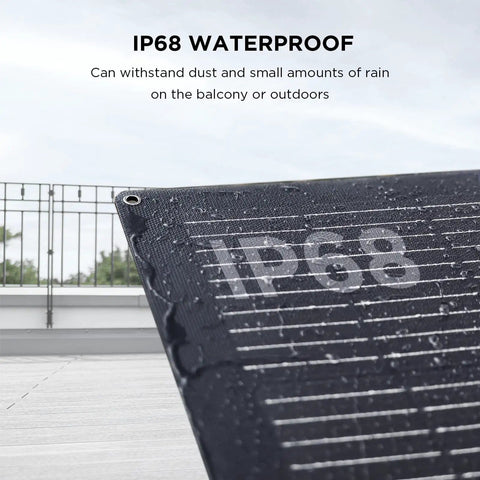Close-up of 100W Flexible Solar Panel For Off Grid Power, High Efficiency 23 Percent, IP68 Waterproof, showing raindrops.