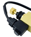 Close-up of a brass 5-Port Directional Control Valve With 30mm Solenoid And Manual Override for hydraulic and pneumatic use.