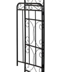 Close-up of metal trellis design with swirls from 84 Inch Garden Arch Arbor With Gate And Metal Trellis Archway For Climbing Vines Wedding Ceremony Decor Elegant Flourishes And Arrow Tip Finials Lockable Gate Black