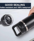 Screw Top Lid Replacement For Rambler Bottle 18 26 36 46 64 Oz No Spill Chug Cap, black lid next to Rambler bottle