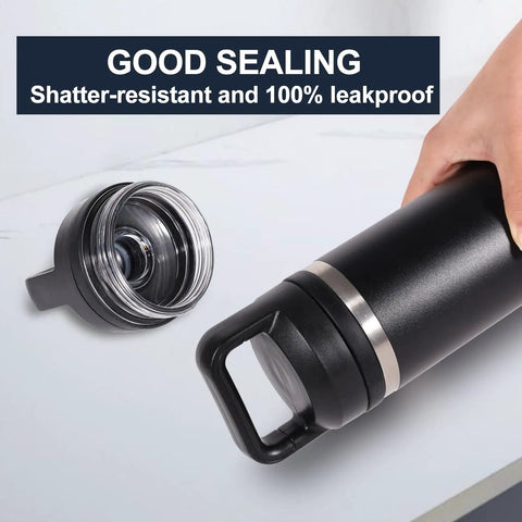 Screw Top Lid Replacement For Rambler Bottle 18 26 36 46 64 Oz No Spill Chug Cap, black lid next to Rambler bottle