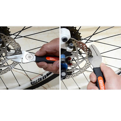 Using Disc Brake Pad Spreader Tool And Rotor Truing Fork For Bicycle Maintenance DIY Friendly Widen Pad Gap Align Calipers Release Pistons And True Rotors For Quick Easy Bike Repairs on wheel