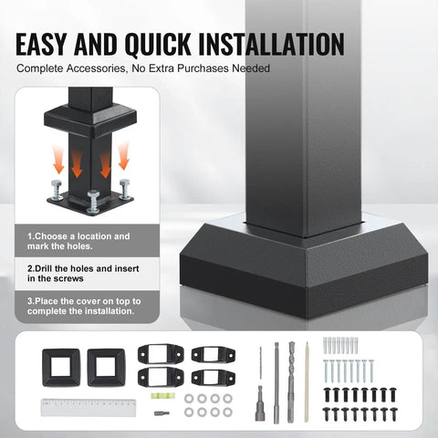 Five Step Outdoor Stair Hand Rail Kit for Concrete Steps and Porches installation guide with accessories and black square tube.
