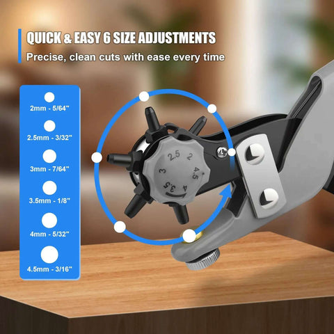 Multi Function Hole Punch Plier Set With Storage Case showing six size adjustments for paper, card, plastic, and fabric crafts.