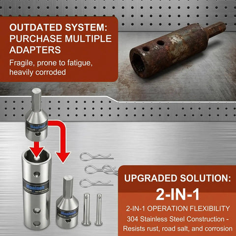 Heavy Duty Two In One Trailer Jack Drill Adapter For One Inch And Half Inch Drive Shafts shown with rusted adapter and accessories.