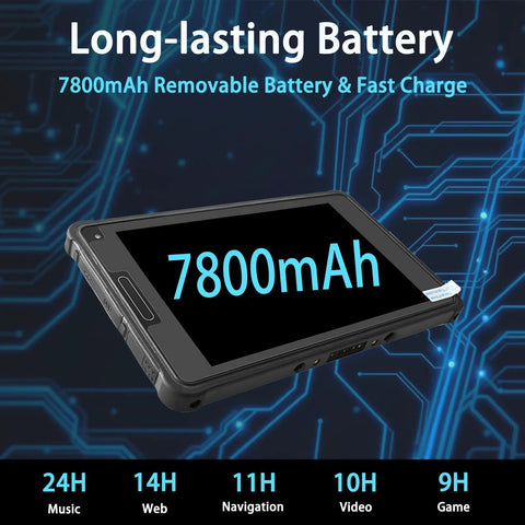 Eight Inch Rugged Tablet With Integrated 2D Barcode Scanner And Android 13 System with 7800mAh removable battery displayed.