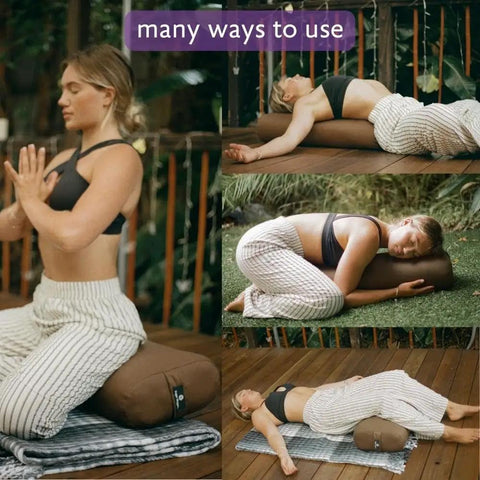 Beefy Rectangular Yoga Bolster For Deep Restorative Poses Ultra Firm Foam Core With Cotton Cover Handmade In The USA Black 25 In By 11 In By 5 In 5 Lb Restorative Pillow You Can Count On. woman using brown yoga bolster in reclined restorative poses outdoors