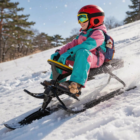 Child riding Go Kart Style Snow Sled With Steering Wheel And Brakes For Kids And Adults on snowy hill
