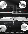 Detailed diagram of EDC Pocket Knife With 3.5 Inch Flipper And Liner Lock 420C Stainless Steel Blade, highlighting features and dimensions.