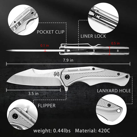 Detailed diagram of EDC Pocket Knife With 3.5 Inch Flipper And Liner Lock 420C Stainless Steel Blade, highlighting features and dimensions.