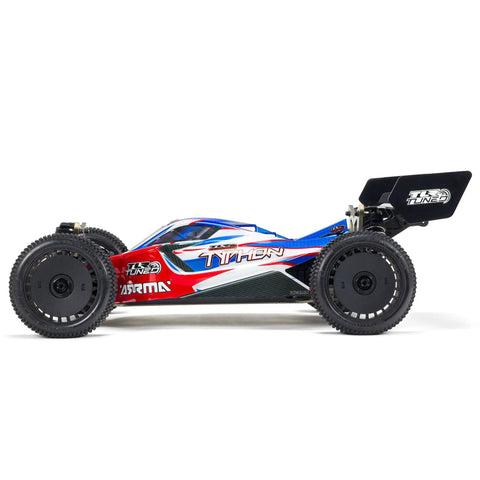 Side view of ARRMA Typhon 1 Eight Scale RC Buggy Ready To Race 6S 4WD BLX RTR With TLR Tuned Parts And Spektrum Electronics.