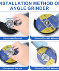 10-pack 4.5-inch angle grinder cut-off wheels; blue and yellow labeled discs with installation steps shown