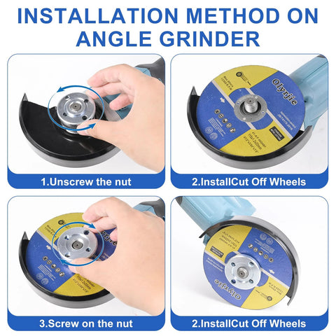 10-pack 4.5-inch angle grinder cut-off wheels; blue and yellow labeled discs with installation steps shown