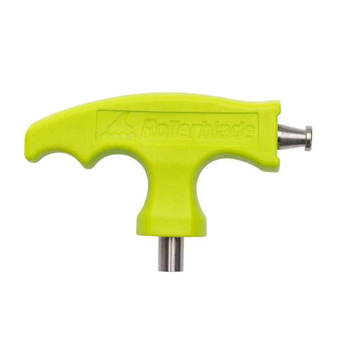 Rollerblade Bladetool Pro inline skate tool, neon-yellow plastic handle with metal axle, side view