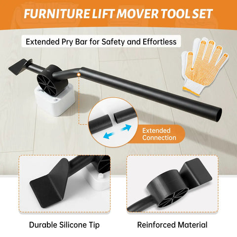 Heavy Duty Furniture Dollies With 360 Degree Rotating Rubber Wheels. Easy Glide Sliders with extended pry bar and durable silicone tip.