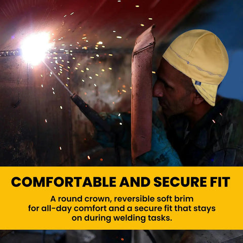 Man welding while wearing Reversible Flame Resistant 100 Percent Cotton Welding Cap For Men With Round Crown And Soft Brim 6-Panel Welding Hat Built For All Day Comfort And Secure Fit.