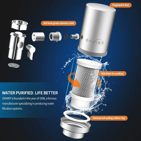 Exploded view of Sink Faucet Water Filter Purifier with 304 Stainless Steel Housing, showing components and water filtration process.