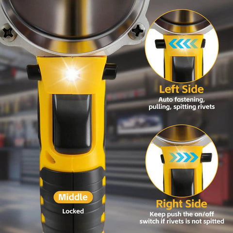 Heavy Duty Cordless Rivet Gun Compatible With DeWalt 20V Battery Tool Only, showing control buttons for fastening rivets.